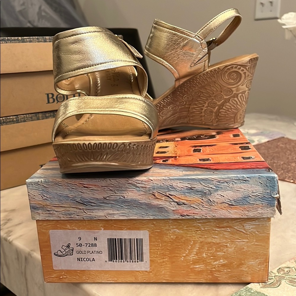 Bella Bita Nicola Gold Leather Wedge Sandals
